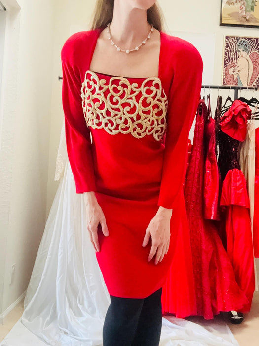 80s Vintage Red Adel Simpson Red Dress Red 80s Party Gold Trim Lace Dress// 80s 90s Red  Party Dress Small Medium Chinese Wedding Dress