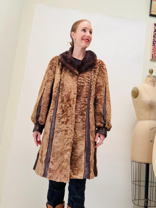 70s 80s Vintage Fur Jacket Coat Brown Fur Leather Jacket size Medium large Brown Fur Swing Jacket 1970s Size Medium Striped Paneled leather