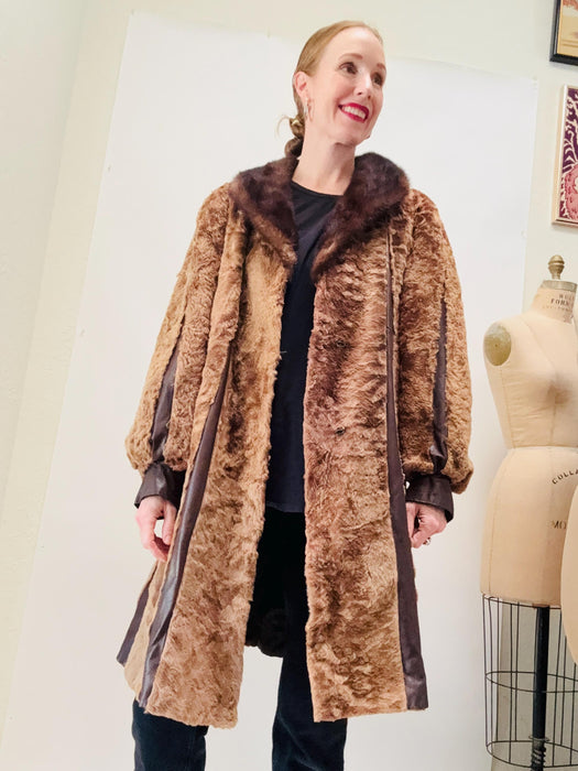 70s 80s Vintage Fur Jacket Coat Brown Fur Leather Jacket size Medium large Brown Fur Swing Jacket 1970s Size Medium Striped Paneled leather