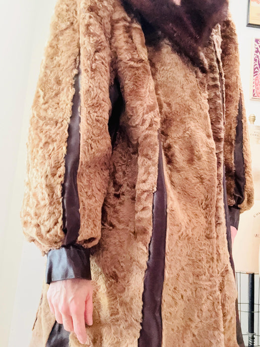 70s 80s Vintage Fur Jacket Coat Brown Fur Leather Jacket size Medium large Brown Fur Swing Jacket 1970s Size Medium Striped Paneled leather
