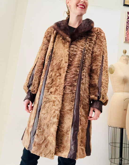 70s 80s Vintage Fur Jacket Coat Brown Fur Leather Jacket size Medium large Brown Fur Swing Jacket 1970s Size Medium Striped Paneled leather