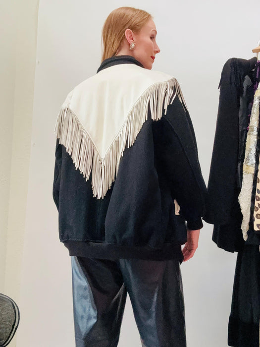 80s 90s Vintage Black White Leather Jacket Fringe Bomber Western Rodeo Jacket// Vintage Black Leather Fringe Cowgirl Jacket