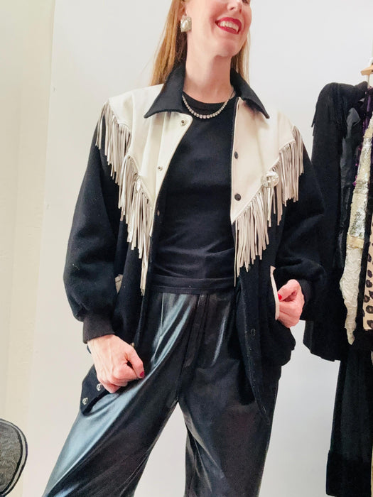 80s 90s Vintage Black White Leather Jacket Fringe Bomber Western Rodeo Jacket// Vintage Black Leather Fringe Cowgirl Jacket