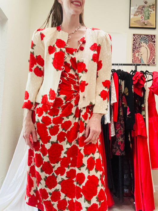 80s 90s Vintage Rose Floral Print Party WEdding Party Dress by Victor Costa // 80s Silk Party Dress wedding Strapless dress and Jacket