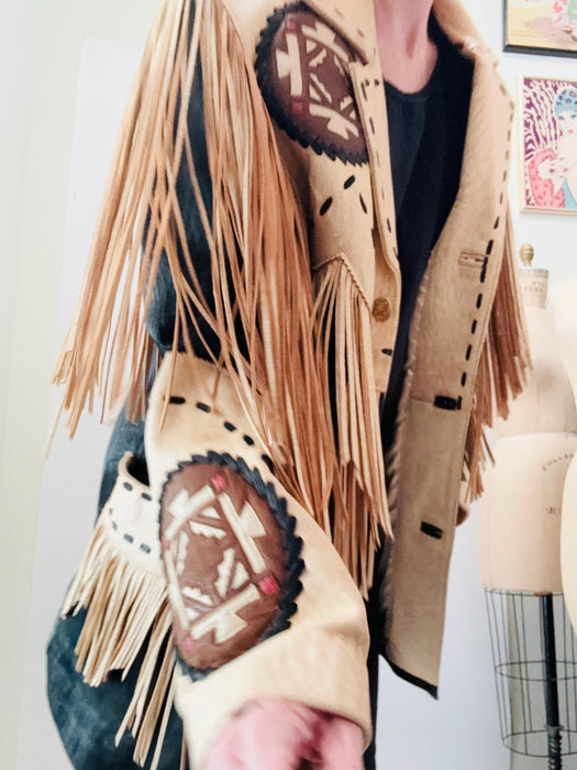 Amazing 80s 90s Vintage Fringe Leather Jacket Western Cowboy Cowgirl Leather Fringe Jacket  By Volcano Small Mens Medium womens Tan Black