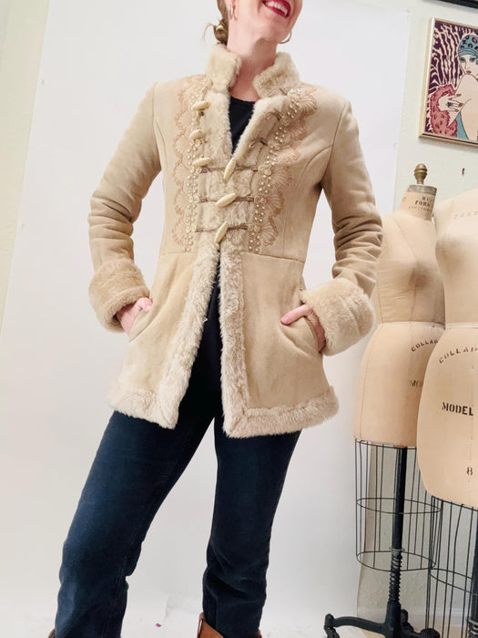 Y2k Vintage Blumarine Jacket Coat Embroidered Shearling Sheepskin Jacket Coat Tan Leather Fur Shearing 2004 Fall Winter BLumarine Jacket