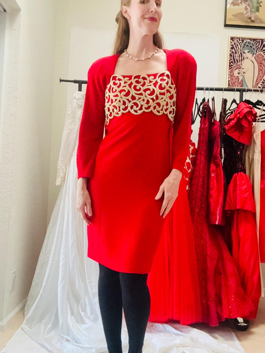 80s Vintage Red Adel Simpson Red Dress Red 80s Party Gold Trim Lace Dress// 80s 90s Red  Party Dress Small Medium Chinese Wedding Dress