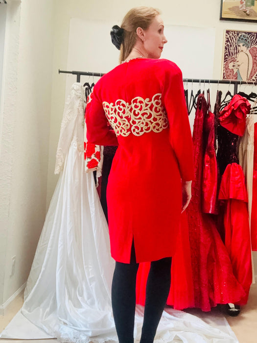 80s Vintage Red Adel Simpson Red Dress Red 80s Party Gold Trim Lace Dress// 80s 90s Red  Party Dress Small Medium Chinese Wedding Dress