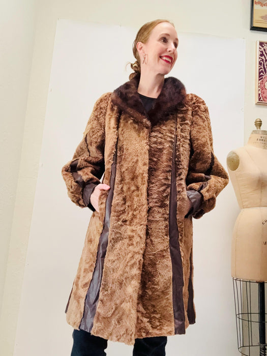 70s 80s Vintage Fur Jacket Coat Brown Fur Leather Jacket size Medium large Brown Fur Swing Jacket 1970s Size Medium Striped Paneled leather