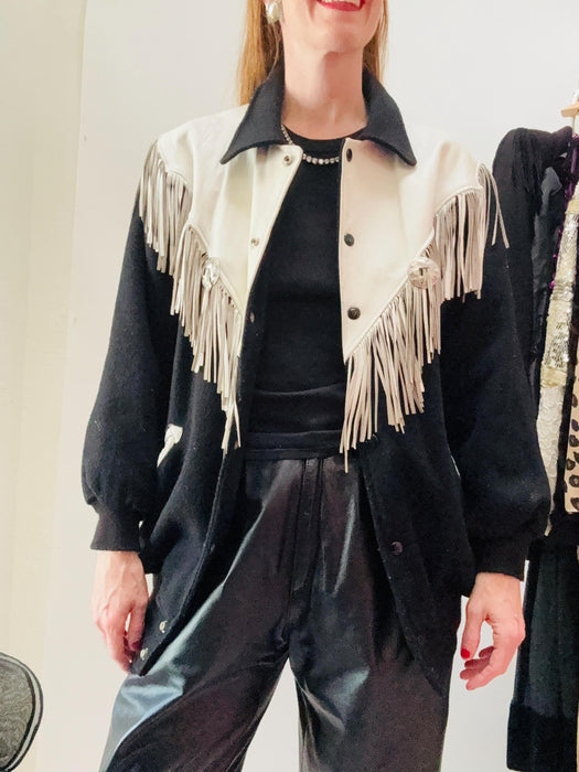 80s 90s Vintage Black White Leather Jacket Fringe Bomber Western Rodeo Jacket// Vintage Black Leather Fringe Cowgirl Jacket