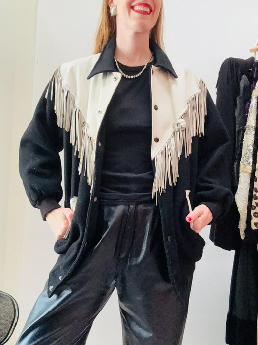 80s 90s Vintage Black White Leather Jacket Fringe Bomber Western Rodeo Jacket// Vintage Black Leather Fringe Cowgirl Jacket
