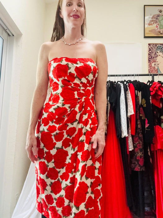 80s 90s Vintage Rose Floral Print Party WEdding Party Dress by Victor Costa // 80s Silk Party Dress wedding Strapless dress and Jacket