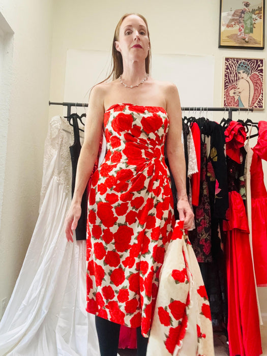80s 90s Vintage Rose Floral Print Party WEdding Party Dress by Victor Costa // 80s Silk Party Dress wedding Strapless dress and Jacket