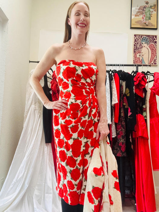 80s 90s Vintage Rose Floral Print Party WEdding Party Dress by Victor Costa // 80s Silk Party Dress wedding Strapless dress and Jacket