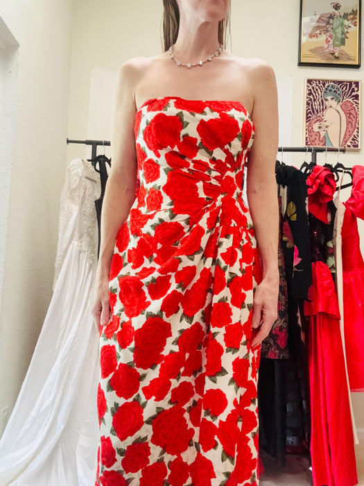 80s 90s Vintage Rose Floral Print Party WEdding Party Dress by Victor Costa // 80s Silk Party Dress wedding Strapless dress and Jacket