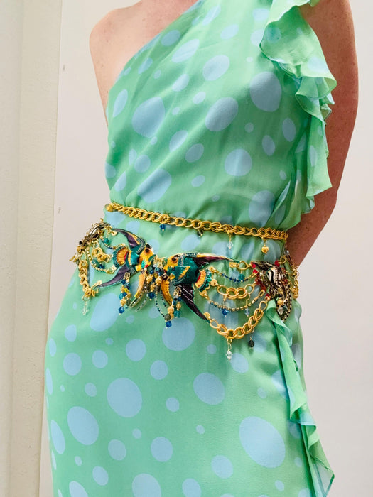 Vintage Lunch at the Ritz Belt Charm Fish Rhinestone Belt Gold Metallic Chain Charm Belt up to 90s Tropical Fish Charm Beach Wedding Belt