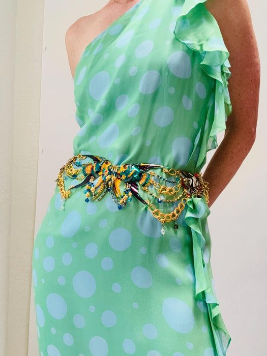 Vintage Lunch at the Ritz Belt Charm Fish Rhinestone Belt Gold Metallic Chain Charm Belt up to 90s Tropical Fish Charm Beach Wedding Belt