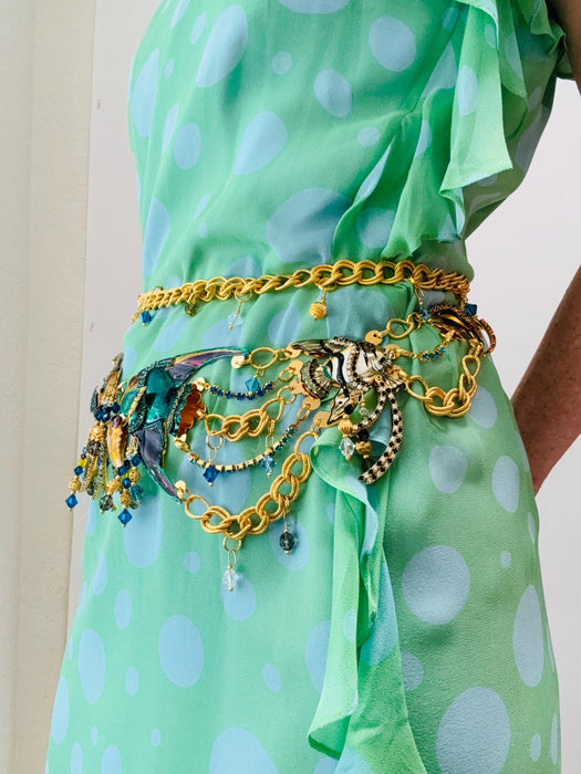 Vintage Lunch at the Ritz Belt Charm Fish Rhinestone Belt Gold Metallic Chain Charm Belt up to 90s Tropical Fish Charm Beach Wedding Belt