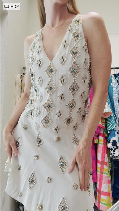 60s 70s Vintage White Rhinestone Wedding Cocktail Dress Silver Crystal MOD White  Flapper style Dress Wedding Party Metallic Dress Small