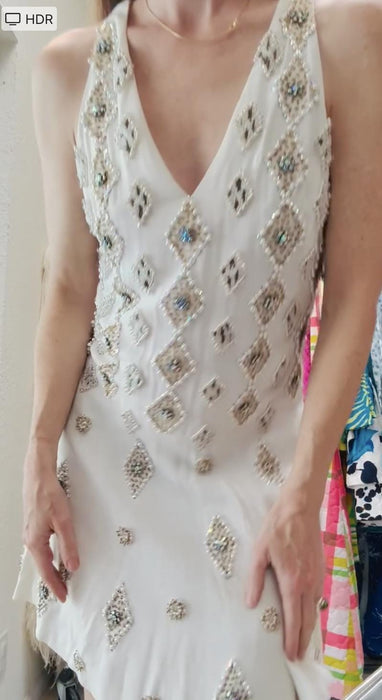 60s 70s Vintage White Rhinestone Wedding Cocktail Dress Silver Crystal MOD White  Flapper style Dress Wedding Party Metallic Dress Small