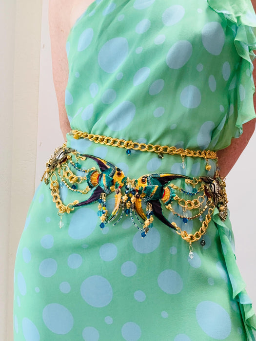 Vintage Lunch at the Ritz Belt Charm Fish Rhinestone Belt Gold Metallic Chain Charm Belt up to 90s Tropical Fish Charm Beach Wedding Belt