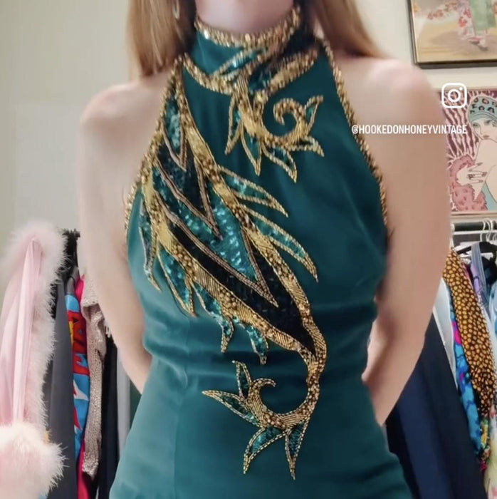 Vintage Bob Mackie Green Beaded Dress Vintage Green Metallic Dress Small // Beaded Bob Mackie Cocktail Party Dress Cher Dress