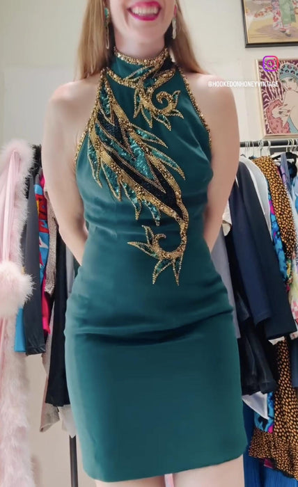 Vintage Bob Mackie Green Beaded Dress Vintage Green Metallic Dress Small // Beaded Bob Mackie Cocktail Party Dress Cher Dress
