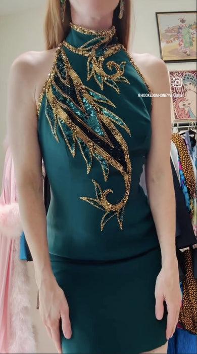 Vintage Bob Mackie Green Beaded Dress Vintage Green Metallic Dress Small // Beaded Bob Mackie Cocktail Party Dress Cher Dress