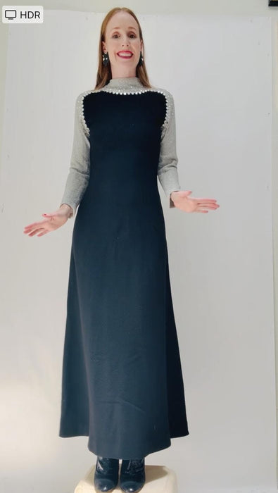 70s Long Black Dress Medium Silver Metallic Rhinestone Maxi Dress with Long Sleeves Marie Trigere // 70s Vintage Black Modest Evening Dress