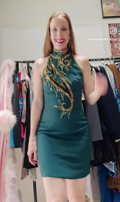 Vintage Bob Mackie Green Beaded Dress Vintage Green Metallic Dress Small // Beaded Bob Mackie Cocktail Party Dress Cher Dress