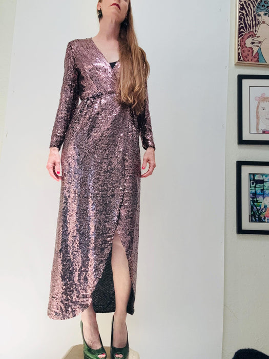 70s Vintage  Sequin Gown Dress Sequin Wrap Dress By Estevez Lillie Rubin Sequin Dress Gown Pink Black Sequin Disco Party Dress Small Petite