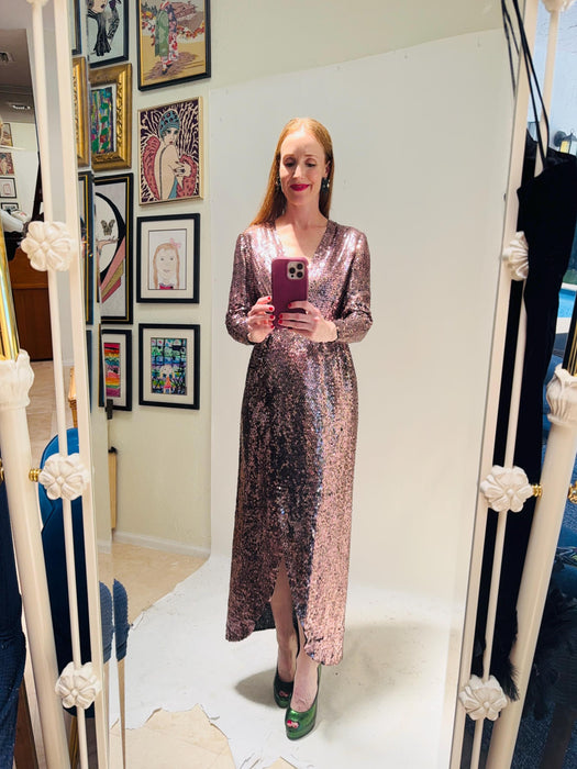 70s Vintage  Sequin Gown Dress Sequin Wrap Dress By Estevez Lillie Rubin Sequin Dress Gown Pink Black Sequin Disco Party Dress Small Petite