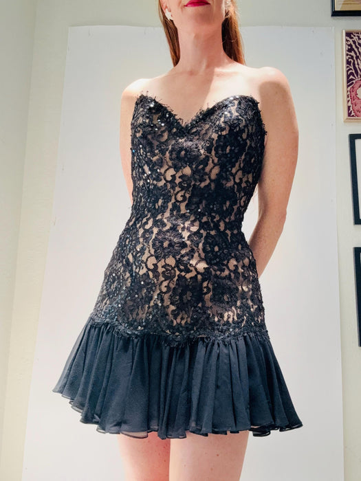90s Vintage BOB MACKIE Dress Black Lace Sequin Strapless Dress XS // Black Sequin Party Cocktail Lace Dress Small Bob Mackie Dress