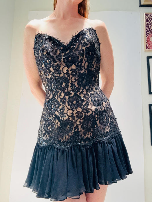 90s Vintage BOB MACKIE Dress Black Lace Sequin Strapless Dress XS // Black Sequin Party Cocktail Lace Dress Small Bob Mackie Dress