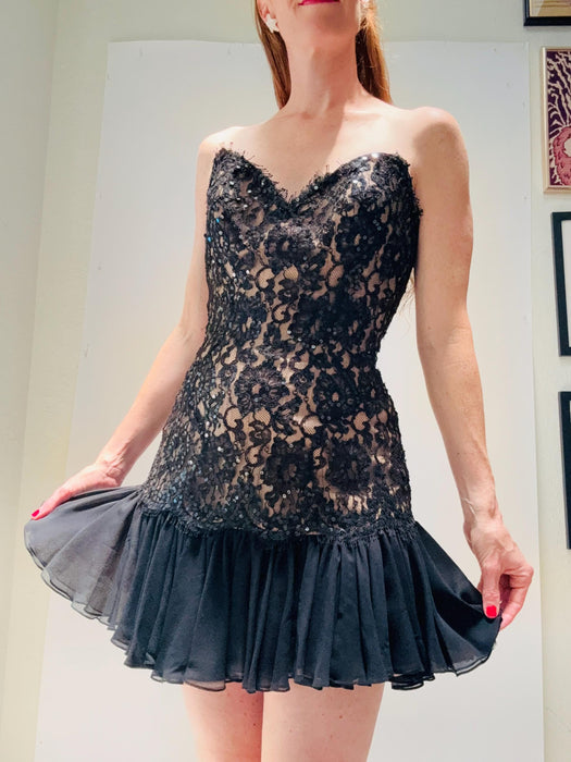 90s Vintage BOB MACKIE Dress Black Lace Sequin Strapless Dress XS // Black Sequin Party Cocktail Lace Dress Small Bob Mackie Dress