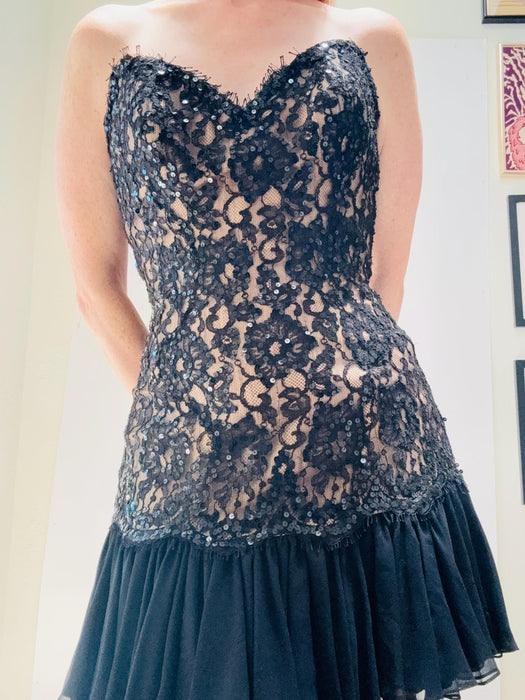 90s Vintage BOB MACKIE Dress Black Lace Sequin Strapless Dress XS // Black Sequin Party Cocktail Lace Dress Small Bob Mackie Dress