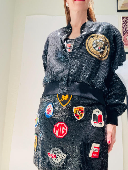 90s Vintage Black Sequin Jacket 90s Party Sequin Jacket Jaguar Race Car Jeanette Kastenberg for St martin Black Cat Hip Hop Sequin Jacket