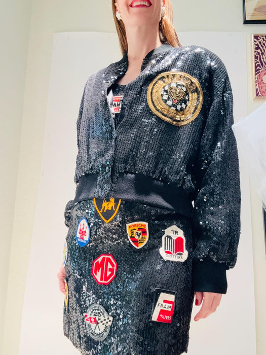 90s Vintage Black Sequin Jacket 90s Party Sequin Jacket Jaguar Race Car Jeanette Kastenberg for St martin Black Cat Hip Hop Sequin Jacket