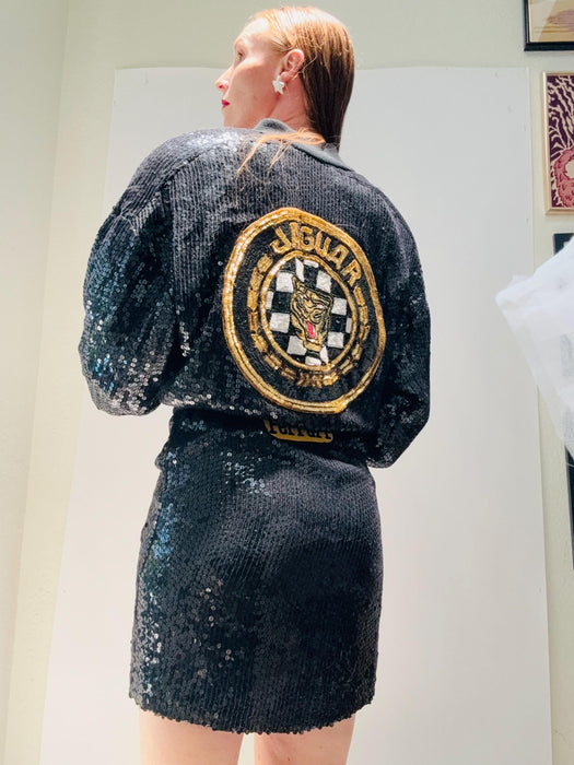 90s Vintage Black Sequin Jacket 90s Party Sequin Jacket Jaguar Race Car Jeanette Kastenberg for St martin Black Cat Hip Hop Sequin Jacket