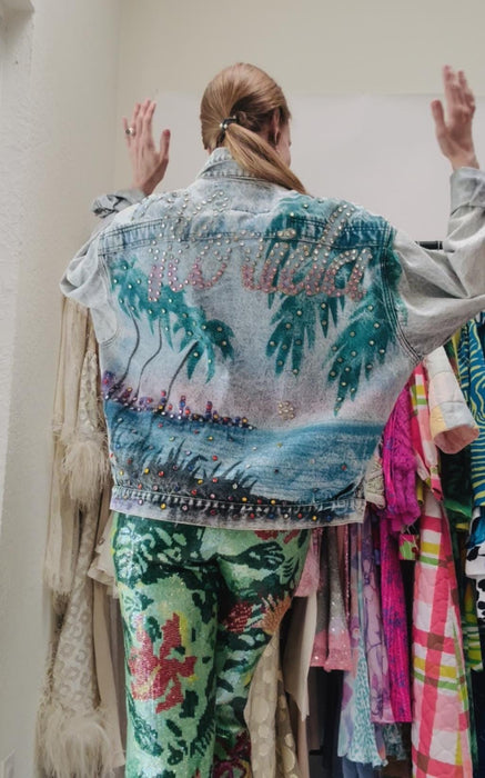 80s 90s Vintage Denim Jacket Florida Painted Rhinestones Airbrushed JEAN Jacket Medium Large Tony Alamo Inspired Stone Acid Wash Denim miami