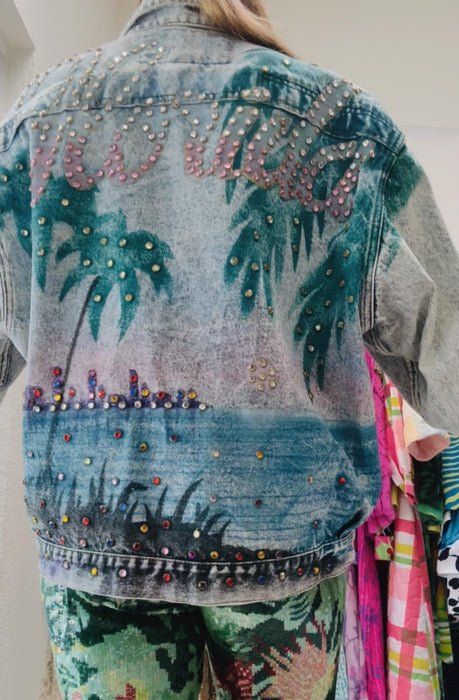 80s 90s Vintage Denim Jacket Florida Painted Rhinestones Airbrushed JEAN Jacket Medium Large Tony Alamo Inspired Stone Acid Wash Denim miami