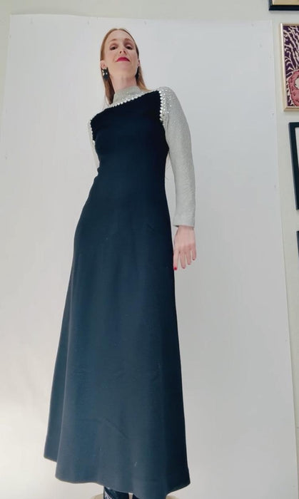 70s Long Black Dress Medium Silver Metallic Rhinestone Maxi Dress with Long Sleeves Marie Trigere // 70s Vintage Black Modest Evening Dress