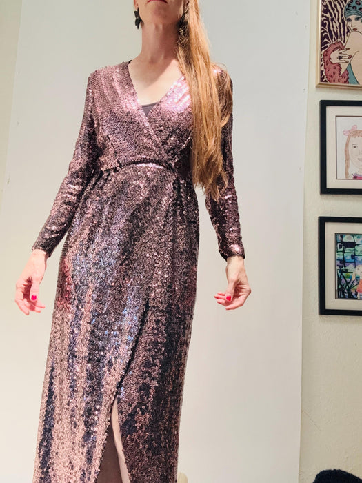 70s Vintage  Sequin Gown Dress Sequin Wrap Dress By Estevez Lillie Rubin Sequin Dress Gown Pink Black Sequin Disco Party Dress Small Petite