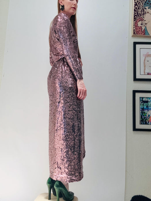 70s Vintage  Sequin Gown Dress Sequin Wrap Dress By Estevez Lillie Rubin Sequin Dress Gown Pink Black Sequin Disco Party Dress Small Petite