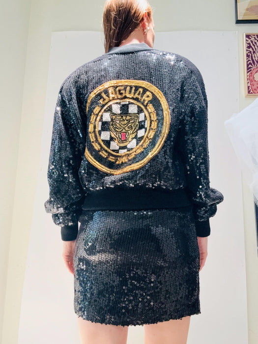 90s Vintage Black Sequin Jacket 90s Party Sequin Jacket Jaguar Race Car Jeanette Kastenberg for St martin Black Cat Hip Hop Sequin Jacket