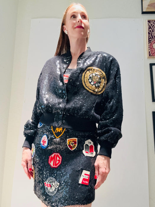 90s Vintage Black Sequin Jacket 90s Party Sequin Jacket Jaguar Race Car Jeanette Kastenberg for St martin Black Cat Hip Hop Sequin Jacket