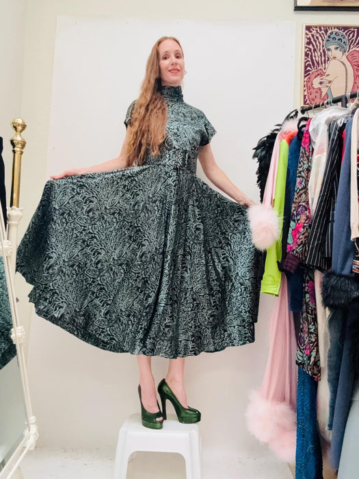 80s 90s Vintage Silk Dress Green Black Silk Open Back Dress// Vintage Silk Dress Black Ikat Print Medium by Debra Kuchne