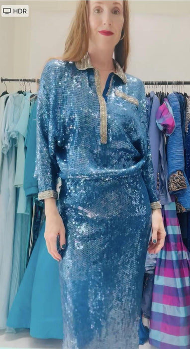 70s Vintage Blue Sequin Gown Dress Long Sleeve Blue Silk Sequin Gown By Riazee Naeem Khan 70s Sequin Dress Size Small Medium 80s Glam Gown