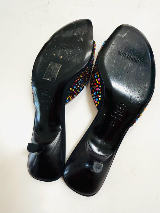 Vintage 00s Y2K Moschino Black Rainbow Crystal High Heels Slides Size 38 B Kitten High Heel High heels Slides Rhinestone Heel Shoes 7.5-8