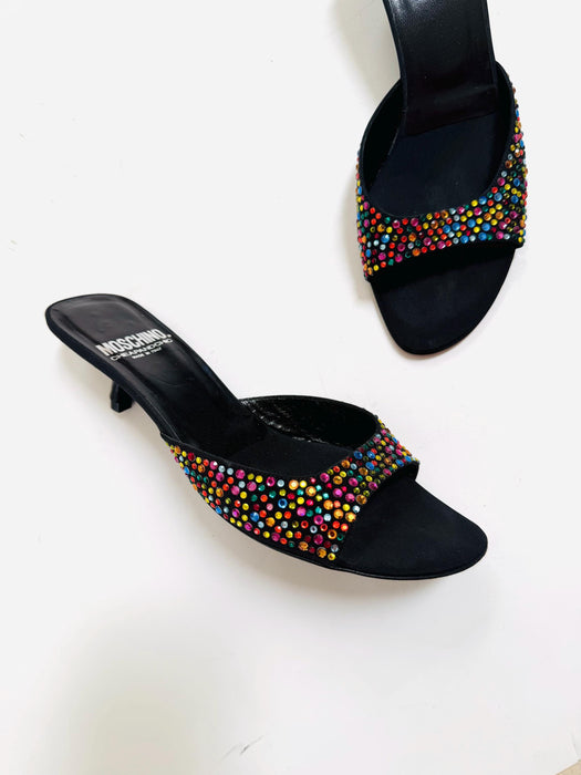 Vintage 00s Y2K Moschino Black Rainbow Crystal High Heels Slides Size 38 B Kitten High Heel High heels Slides Rhinestone Heel Shoes 7.5-8